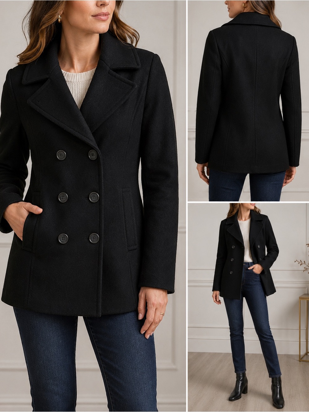 Fleurette Loro Piana 100% Wool Black Peacoat Size 6